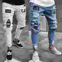 New Men Ripped Destroyed Skinny Pencil Jeans Pants Male Stylish Badge High street Slim Hip Hop Solid Biker Denim Trousers