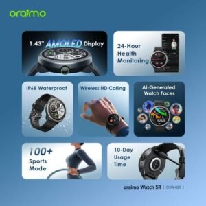 Brilliant Oraimo Watch 5R Amoled Smartwatch | 1.43'' Display, IP68 Waterproof | Black
