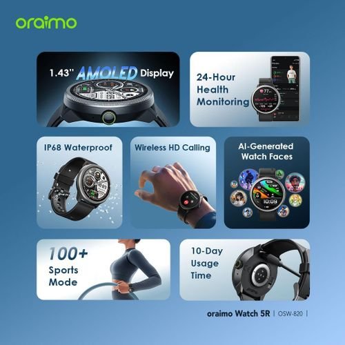 Brilliant Oraimo Watch 5R Amoled Smartwatch | 1.43'' Display, IP68 Waterproof | Black - Image 2