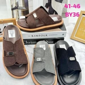 Men's Suede Comfort Slides in Brown, Grey, and Black with gold buckles.