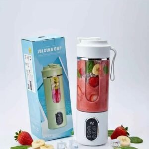 Portable Multi-purpose Blender (Juicing Cup) filled with fruit and ice, next to its retail box.