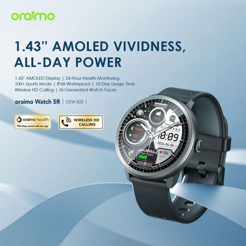 Brilliant Oraimo Watch 5R Amoled Smartwatch | 1.43'' Display, IP68 Waterproof | Black - Image 7