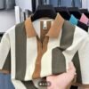 Trending Striped Zipper Polo shirt in beige, brown, and olive green colors with a zipper placket.