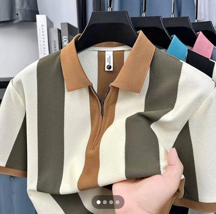 Trending Striped Zipper Polo shirt in beige, brown, and olive green colors with a zipper placket.