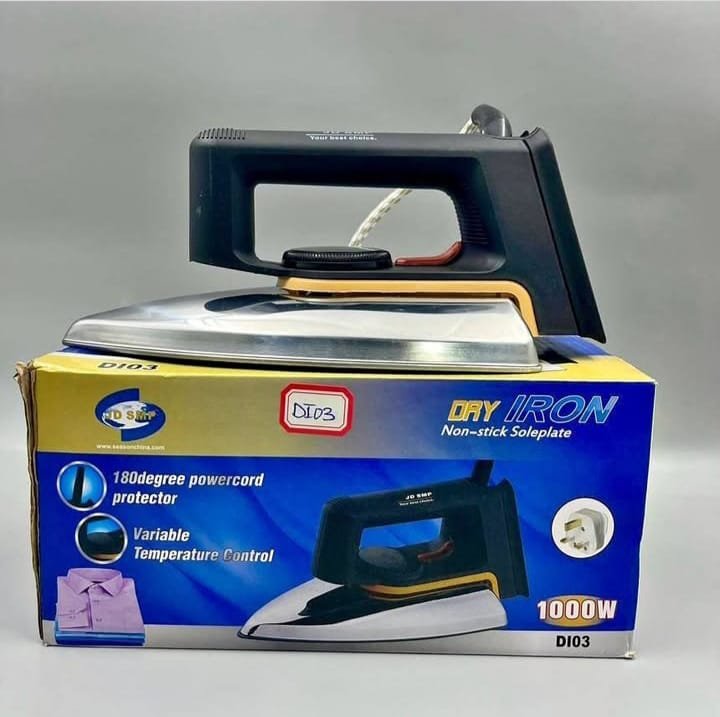 SMP 1000W Dry Iron (Model DI03) with non-stick soleplate and black handle.