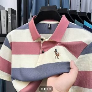 Striped Horse Logo Polo Shirt in pink, grey, and beige colors on a hanger.