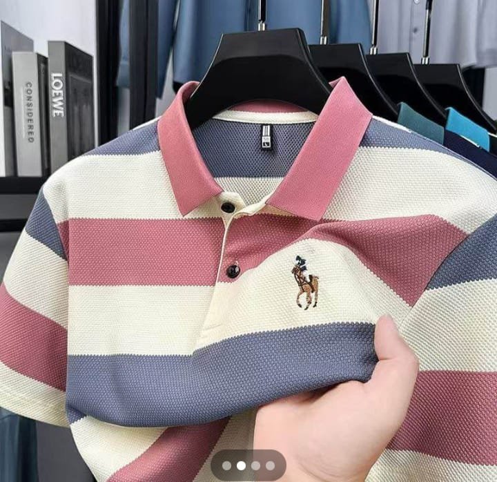 Striped Horse Logo Polo Shirt in pink, grey, and beige colors on a hanger.